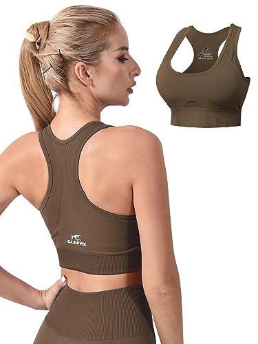 CLDFHX Damen Sport BH Nahtlos mit Polstern Ohne Bügel Flex Racerback Fitness BH Ohne Verschluss zum Yoga Joggen Laufen Pilates, Braun, L von CLDFHX