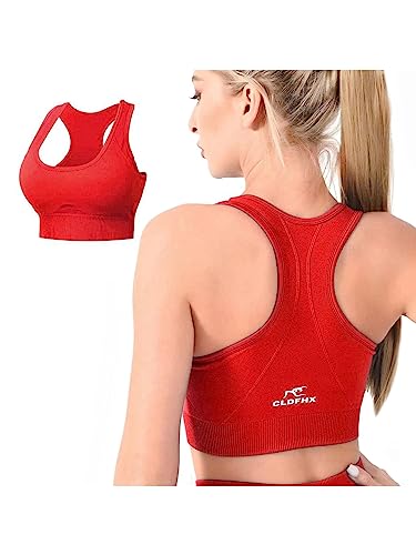 CLDFHX Damen Sport BH Nahtlos mit Polstern Ohne Bügel Flex Racerback Fitness BH Ohne Verschluss zum Yoga Joggen Laufen Pilates, Hellrot, L von CLDFHX