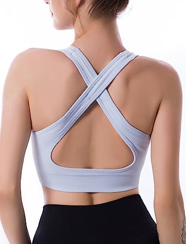 CLDFHX Damen Sport BH Kreuz Rücken Nahtlos Ohne Bügel Bequem Sport Top Crop Gym BH mit Kreuzträgern für Yoga Workout Fitness, Hellblau, M von CLDFHX