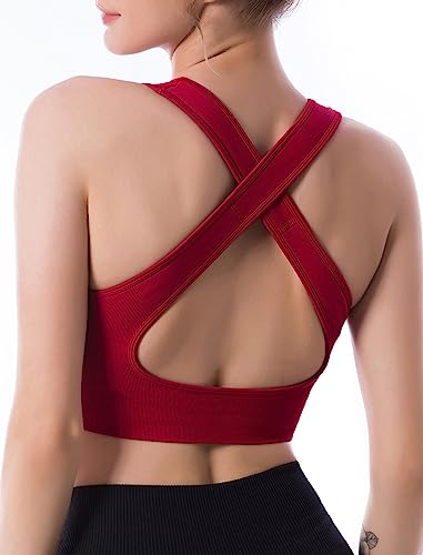 CLDFHX Damen Sport BH Gekreuzt Nahtlos Ohne Bügel Bequem Sport Top Crop Gym BH mit Kreuzträgern für Yoga Workout Fitness, Weinrot, XL von CLDFHX