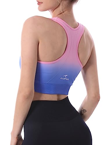 CLDFHX Damen Sport BH Starker/Mittlerer Halt Nahtlos Ohne Bügel Comfy Sport BH Racerback mit Polstern zum Yoga Joggen Laufen Pilates Fitness, Mehrfarbig Blau, L von CLDFHX