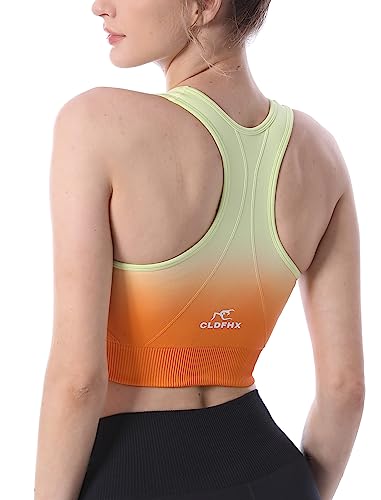 CLDFHX Damen Sport BH Starker/Mittlerer Halt Nahtlos Ohne Bügel Comfy Sport BH Racerback mit Polstern zum Yoga Joggen Laufen Pilates Fitness, Mehrfarbig Orange, 3XL von CLDFHX