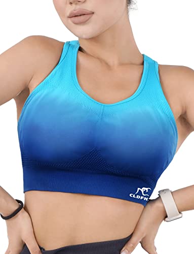 CLDFHX Damen Sport BH Starker Halt Push Up Sport-BH Gepolstert Ohne Bügel Nahtlos Crop Top zum Joggen Yoga Fitness Laufen Pilates, Blau, L von CLDFHX