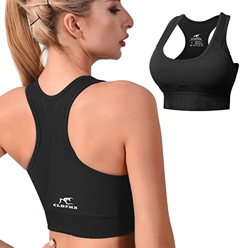 CLDFHX Damen Sport BH Starker Halt mit Polstern Ohne Bügel Comfy BH Nahtlos BH Racerback Top zum Yoga Joggen Fitness Laufen Pilates, Schwarz, 3XL von CLDFHX