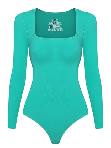 CLDFHX Langarm Bodysuit für Damen Gerippt Skims bodysuit Shapewear Bauchweg Tanga Body Sculpting Top mit Square Neck, Grün, S von CLDFHX