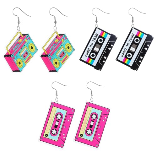 80er 90er Jahre Neon Ohrringe Set 3 Paare – Retro Magnetband Design, Acryl Damen Ohrschmuck für Themenparty Musikfestival Alltag, Vintage Stil bunt auffällig leicht von CLDURHGE