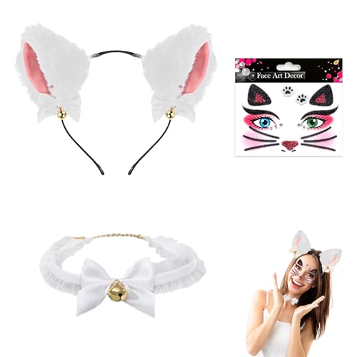 Katzenkostüm Damen Set Weiß – Verkleidung Zubehör mit Katzenohren Haarreif + Halsband mit Glocke + Katzen Tattoo – für Karneval Halloween Valentinstag Cosplay Party Geschenk von CLDURHGE