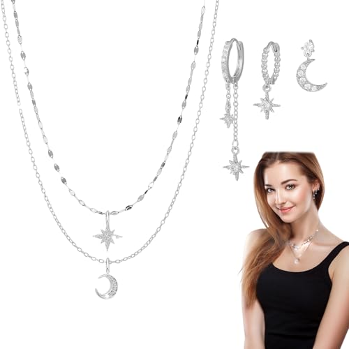 Ohrringe Set 3 Paar Vergoldet Ohrstecker Set Mond Und Die Sterne Zirkonia Ohrringe Vergoldete Creolen mit Anhänger Minimalistische Earings, gekennzeichnet fünf ausführliche Verkaufspunkt von CLDURHGE