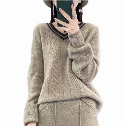 Damenpullover Aus 100% Reiner Schurwolle, Damenpullover Aus Einfarbiger Wolle Mit V-Ausschnitt Strickpullover Mit Pullover (Color : Gray, Size : XL) von CLEIDE