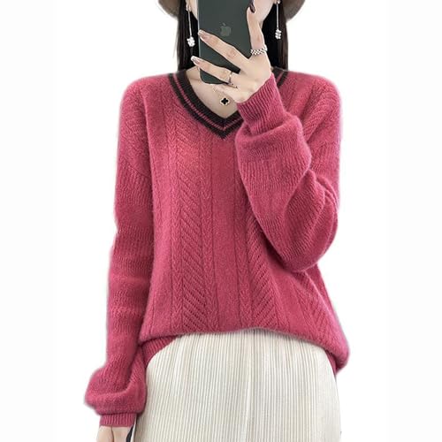 Damenpullover Aus 100% Reiner Schurwolle, Damenpullover Aus Einfarbiger Wolle Mit V-Ausschnitt Strickpullover Mit Pullover (Color : Raspberry, Size : M) von CLEIDE