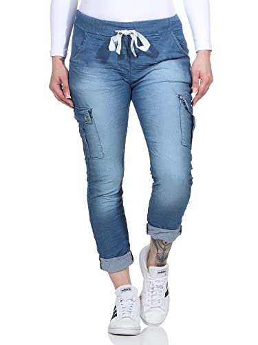 CLEO STYLE Damen Jeans Jogger Jogginghose Boy Friend im Vintage Look Sweatpants für Freizeit Sport und Fitness 21094 (Mittelblau) von CLEO STYLE