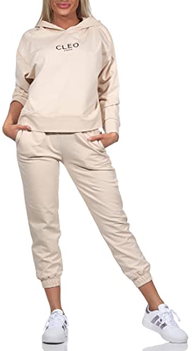 CLEO STYLE Damen Jogginganzug Zweiteiler für Freizeit und Sport Trainingsanzug Hausanzug Hoodie und Hose (as3, numeric, numeric_34, numeric_38, regular, regular, Beige) von CLEO STYLE