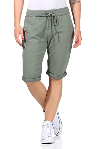 CLEO STYLE Kurze Damen Bermuda, leichte luftige Hose für den Sommer, kurzer Jogger für Freizeit und Strand 1212 (Oliv, 36-40, one_Size) von CLEO STYLE