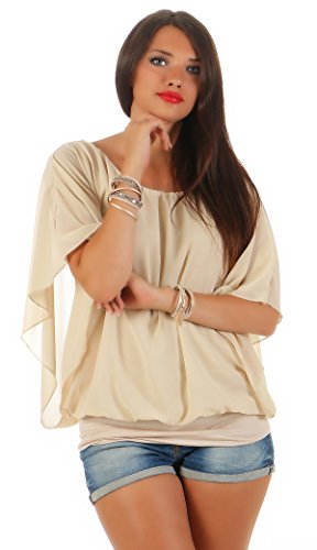 CLEO STYLE top modische Chiffon Bluse, leichte luftige Sommer Tunika mit Carmen Ausschnitt CL 2400 (One Size (36-40), Beige) von CLEO STYLE