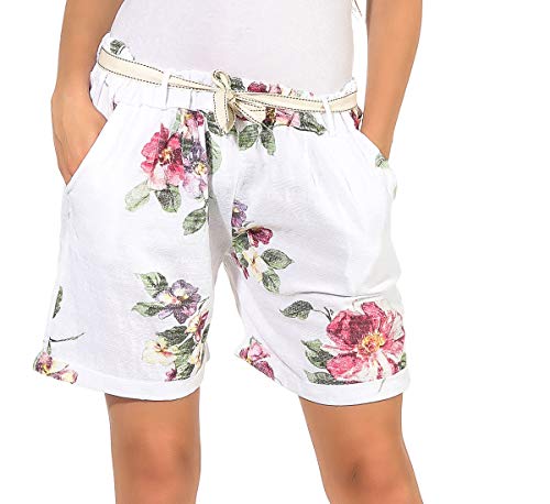 CLEOSTYLE Kurze Damen Bermuda,leichte luftige Shorts für den Sommer, Kurze Hose mit Gürtel für Freizeit und Strand 83 (36-42, Weiß/Blume) von CLEO STYLE