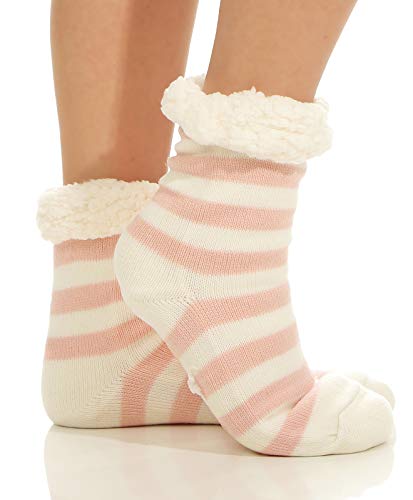 Cleostyle Collection 1 Paar / 2 Paar warme Hüttensocken/Hausschuhe mit ABS Sohle und wärmenden Teddyfell 346 (One Size (35-42), 2x Rosa/Blockstreifen) von CLEO STYLE