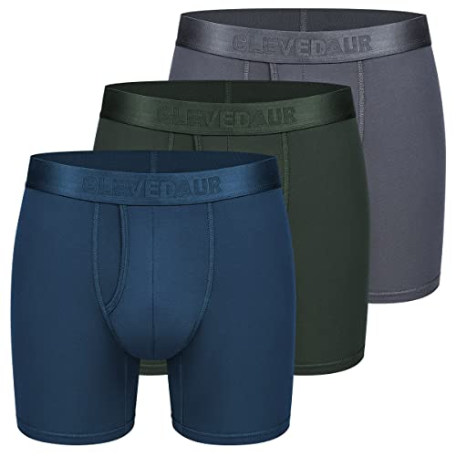 CLEVEDAUR Herren Unterwäsche 15,2 cm Micro Modal Herren Boxershorts Open Fly (3 Stück), K: Grau/Grün/Marineblau im Polybeutel (Fliegen), Large von CLEVEDAUR