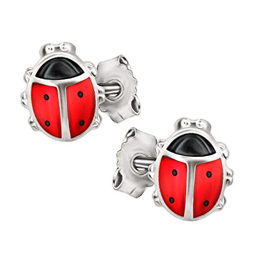 CLEVER SCHMUCK Silberne Marienkäfer Ohrstecker rot schwarz lackiert Rückseite glatt geschlossen 925 Sterling Silber für Kinder im Etui weiß von CLEVER SCHMUCK