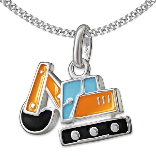 CLEVER SCHMUCK Bagger Kinderhalskette kleiner Schaufelbagger 14 x 8 mm gelb blau lackiert Kette Panzer 40 cm 925 Sterling Silber von CLEVER SCHMUCK