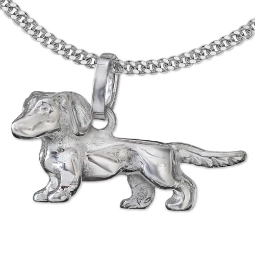 CLEVER SCHMUCK Dackel Hund Halskette Anhänger kleiner Dackel glänzend und Kette Panzer 45 cm 925 Sterling Silber im Schmucketui anthrazit von CLEVER SCHMUCK