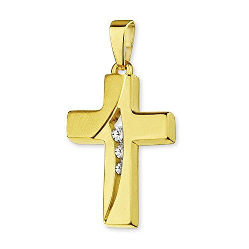 CLEVER SCHMUCK Damen Mädchen Goldkreuz Anhänger klein16 mm 3 Zirkonia mittig teilmatt 333 GOLD 8 KARAT im Kreuz Etui von CLEVER SCHMUCK