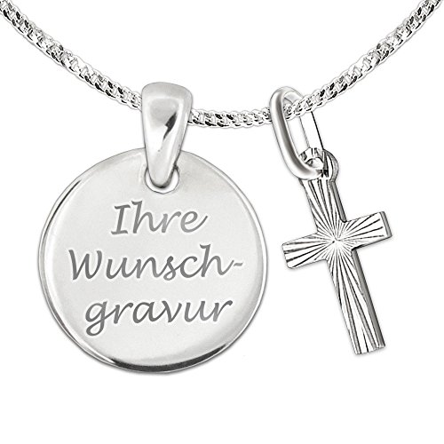 Clever Schmuck Set mit Gravur: 2 Silberne Anhänger Gravurplatte 12 mm glänzend inkl. Gravur einseitig + Mini Kreuz 12 mm diamantiert sowie Kette STERLING SILBER 925 im Etui von CLEVER SCHMUCK