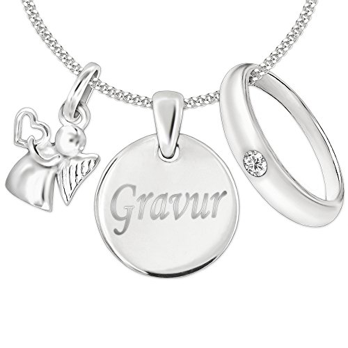 CLEVER SCHMUCK Set mit Gravur: 3 Silberne Anhänger Gravurplatte 12 mm inkl. Gravur einseitig + Mini Engel 10 mm Herz in der Hand + wählbarem Zirkonia-Taufring und Kette STERLING SILBER 925 im Etui von CLEVER SCHMUCK