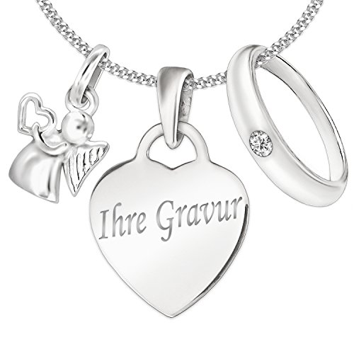 CLEVER SCHMUCK Set mit Gravur: 3 Silberne Anhänger kleinesMini Herz 13 mm + Engel 10 mm + wählbarem Zirkonia-Taufring + Kette Sterling Silber im Etui von CLEVER SCHMUCK