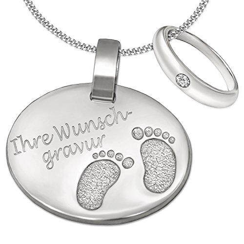 Clever Schmuck Set mit Gravur Anhänger oval inkl. Wunschgravur mit kleinen Füßchen inkl. Auswahl Kette & inkl. Auswahl Taufring mit Steinfarbe 925/- STERLING SILBER Taufgeschenk für Junge oder Mädchen von CLEVER SCHMUCK