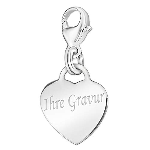 CLEVER SCHMUCK mit Gravur: Silberner Damen Charm Anhänger kleines Herz 13 mm glänzend mit Bügelschlaufe an Karabiner STERLING SILBER 925 inklusive einseitiger Gravur von CLEVER SCHMUCK