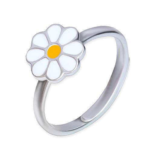 CLEVER SCHMUCK Gänseblümchen Mädchen Ring glänzend poliert Blüte weiß und gelb lackiert 925 Sterling Silber universell einstellbare Größe für Kinder im Etui rosa von CLEVER SCHMUCK