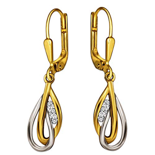 CLEVER SCHMUCK Goldene Damen Ohrhänger 30mm Tropfen 15 mm in Doppeloptik bicolor mit 3 Zirkonia glänzend 333 Gold 8 Karat im Schmucketui von CLEVER SCHMUCK