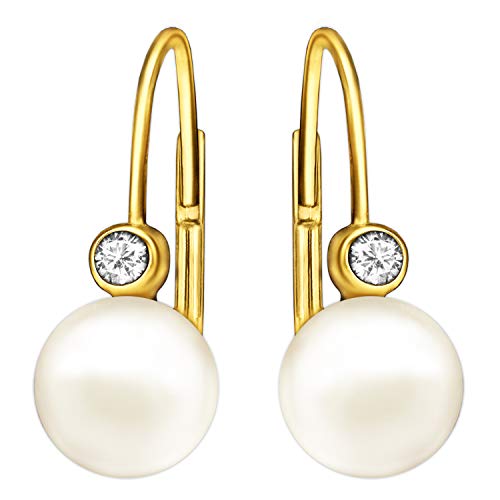 CLEVER SCHMUCK Goldene Damen Ohrringe als Ohrhänger 16 mm mit Süßwasserzuchtperle weiß Ø 6,5 mm und 1 Zirkonia Ø 2 mm 333 Gold 8 Karat im Etui sand von CLEVER SCHMUCK