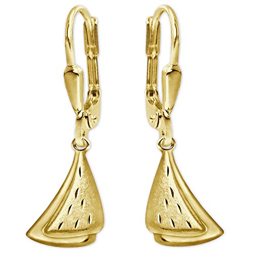 CLEVER SCHMUCK Goldene Damen Ohrringe als Ohrhänger 27 mm geschwungene dreieckige plastische Form 12 mm matt und glänzend teils diamantiert 333 Gold 8 Karat von CLEVER SCHMUCK