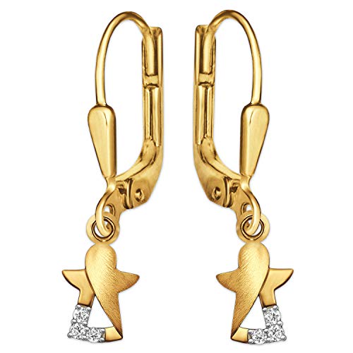 CLEVER SCHMUCK Goldene Schutzengel Ohrringe als Ohrhänger 23 mm mit Engel 8 mm teilmatt 3 Zirkonias stilisiert offen 333 Gold 8 Karat für Damen Mädchen im Schmucketui von CLEVER SCHMUCK