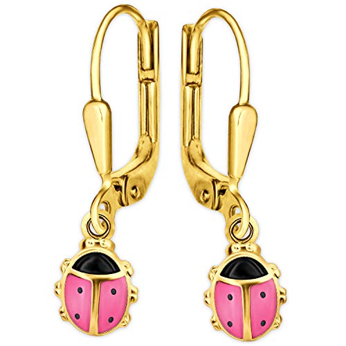 CLEVER SCHMUCK Goldene Mädchen Ohrringe als Ohrhänger Marienkäfer rosa schwarz lackiert glänzend 333 GOLD 8 KARAT im Etui rosa von CLEVER SCHMUCK