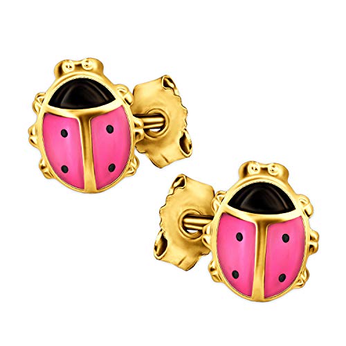CLEVER SCHMUCK Goldene Mädchen Ohrringe als Ohrstecker kleine Marienkäfer 8 mm rosa schwarz lackiert glänzend 333 Gold 8 Karat im Etui rosa von CLEVER SCHMUCK