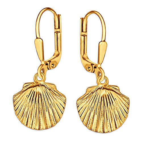 CLEVER SCHMUCK Goldene Muschel Damen Ohrringe als Ohrhänger 29 mm plastische 3D Muschelform 925 Sterling Silber gold-plattiert von CLEVER SCHMUCK