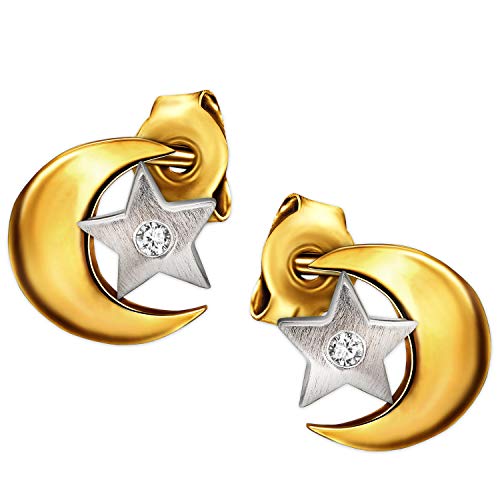 CLEVER SCHMUCK Goldene kleine Damen Ohrringe als Ohrstecker Bicolor Stern seidenmatt im Mond 6 x 6 mm schlicht glänzend mit einem Zirkonia im Sternchen 333 Gold 8 Karat von CLEVER SCHMUCK