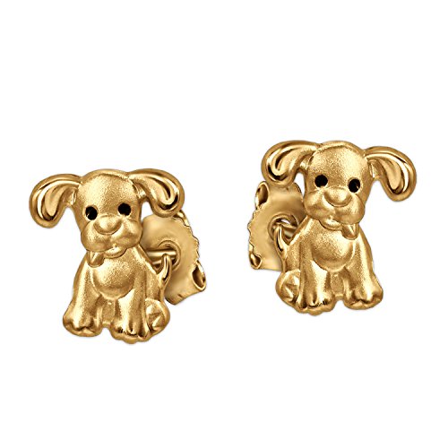 Clever Schmuck Goldene kleine Mädchen Ohrringe als Ohrstecker Mini Hund 6 mm mit schwarzen Augen matt und glänzend für Kinder 333 Gold 8 KARAT von CLEVER SCHMUCK