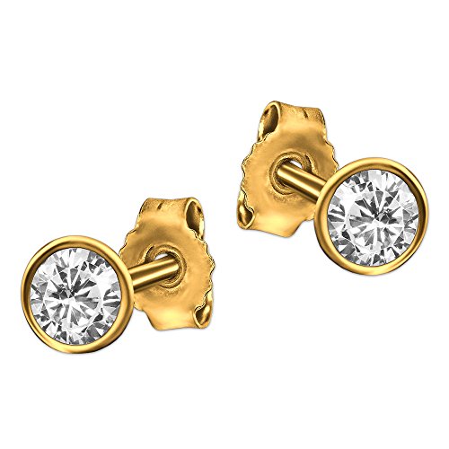 CLEVER SCHMUCK Goldene sehr kleine Damen Ohrstecker mit Mini Zirkonia Ø 3,5 mm rund in Kelchfassung 333 Gold 8 Karat im Schmucketui von CLEVER SCHMUCK