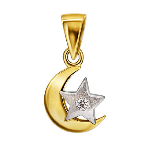 CLEVER SCHMUCK Goldener Stern im Mond Anhänger 9x10mm bicolor Sternchen matt silberweiß, Mond schlicht glänzend leicht gewölbt mit Zirkonia 333 GOLD 8 KARAT im Etui sand von CLEVER SCHMUCK