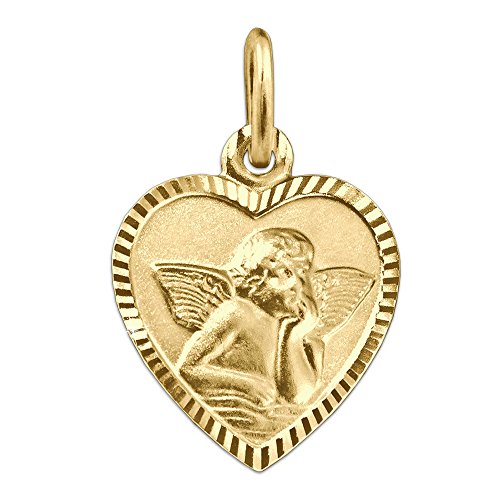 CLEVER SCHMUCK Goldener Anhänger Herz 11 x 10 mm schmal mit Engel klassisch seidenmatt Rand glänzend diamantiert Rückseite Gott schütze Dich 333 GOLD 8 KARAT von CLEVER SCHMUCK