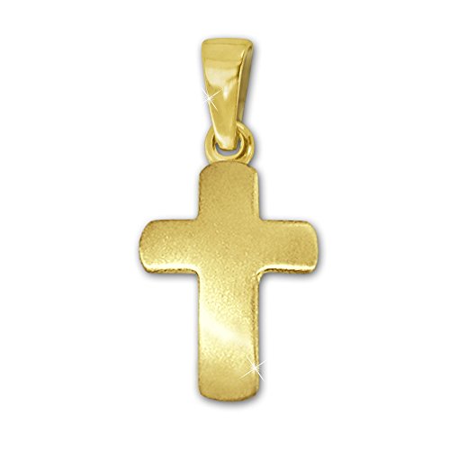 CLEVER SCHMUCK Goldener Mini Anhänger kleines schlichtes Kreuz 12 mm seidenmatt leicht gewölbt 333 GOLD 8 KARAT für Kinder mit Kreuz-Etui sand von CLEVER SCHMUCK