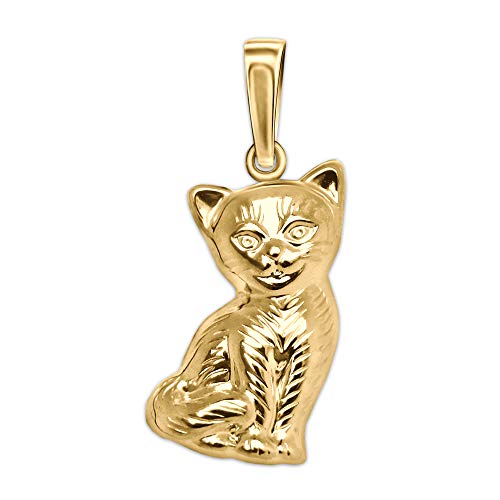 CLEVER SCHMUCK Goldener Damen Anhänger Katze sitzend, beidseitig plastische Form, Fell als Strichmuster glänzend 333 GOLD 8 KARAT von CLEVER SCHMUCK