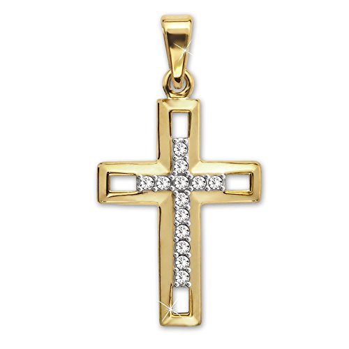 CLEVER SCHMUCK Goldener Damen Anhänger Kreuz 20 mm innen offen und der Mitte mit vielen Zirkonias 333 GOLD 8 KARAT von CLEVER SCHMUCK