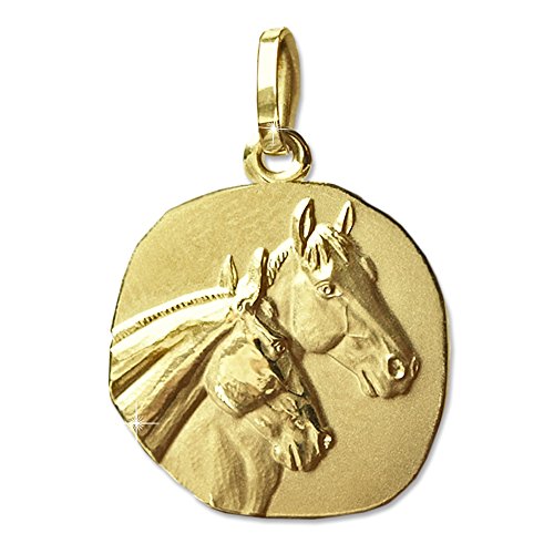 CLEVER SCHMUCK Goldener Damen Anhänger Pferd als Medaille 16 mm 2 Pferdeköpfe teilmatt ein Pferdekopf matt und der das andere Pferd glänzend 333 GOLD 8 KARAT im Etui sand von CLEVER SCHMUCK