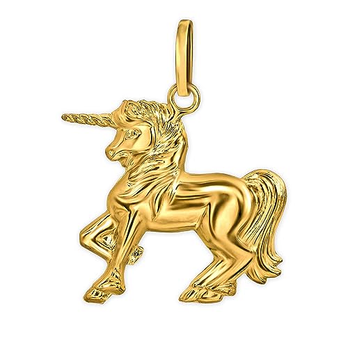 CLEVER SCHMUCK Goldener Damen Anhänger stolzierendes Einhorn 18 mm beidseitig figürliche elegante Form und hochglänzend polierte Oberfläche 333 GOLD 8 KARAT im Schmucketui von CLEVER SCHMUCK