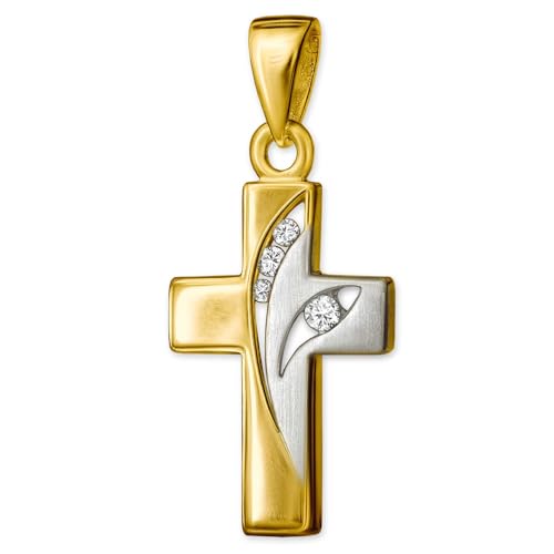 CLEVER SCHMUCK Goldener Damen Kinder Anhänger kleines Kreuz 15 mm glänzend mit 3 + 1 Zirkonias elegant geschwungen bicolor 333 GOLD 8 KARAT von CLEVER SCHMUCK