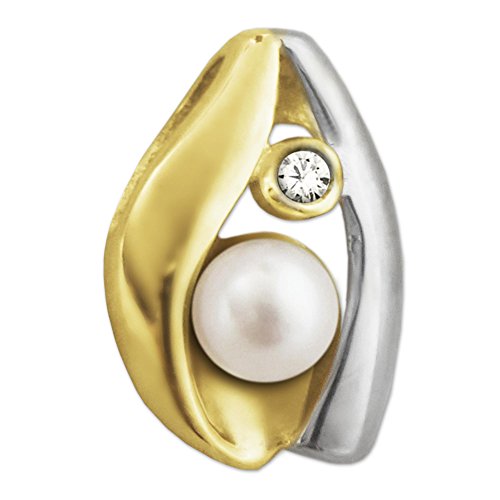 CLEVER SCHMUCK Goldener Damen Perlenanhänger 13 mm geschwungene Form bicolor glänzend mit Mini Süßwasserperle weiß rund Ø 4 mm und einem Zirkonia weiß 333 GOLD 8 KARAT von CLEVER SCHMUCK